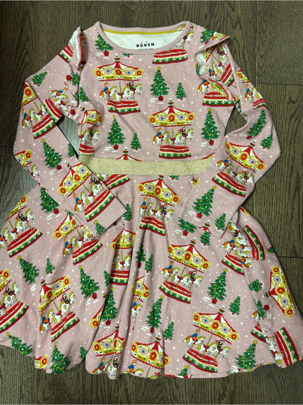 Mini Boden Pink Holiday Carousel Dress with Red, Green & Yellow Accents